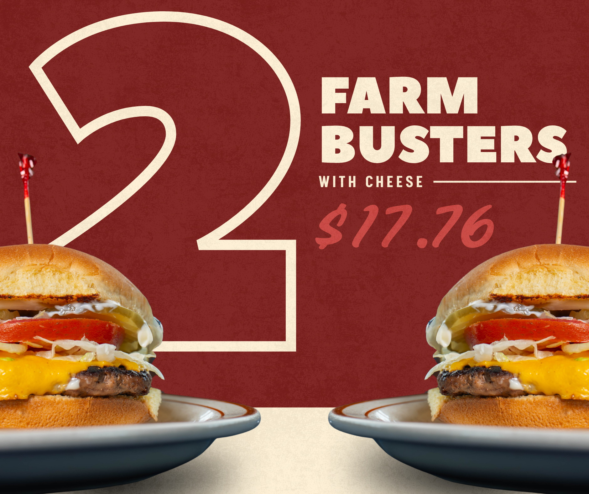 Two Farm Buster cheeseburgers stacked